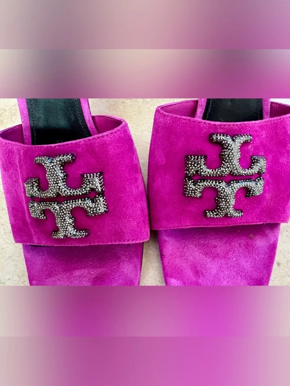 Tory Burch Fuchsia Suede Slide Sandals with Crystal logo - Picture 2 of 4